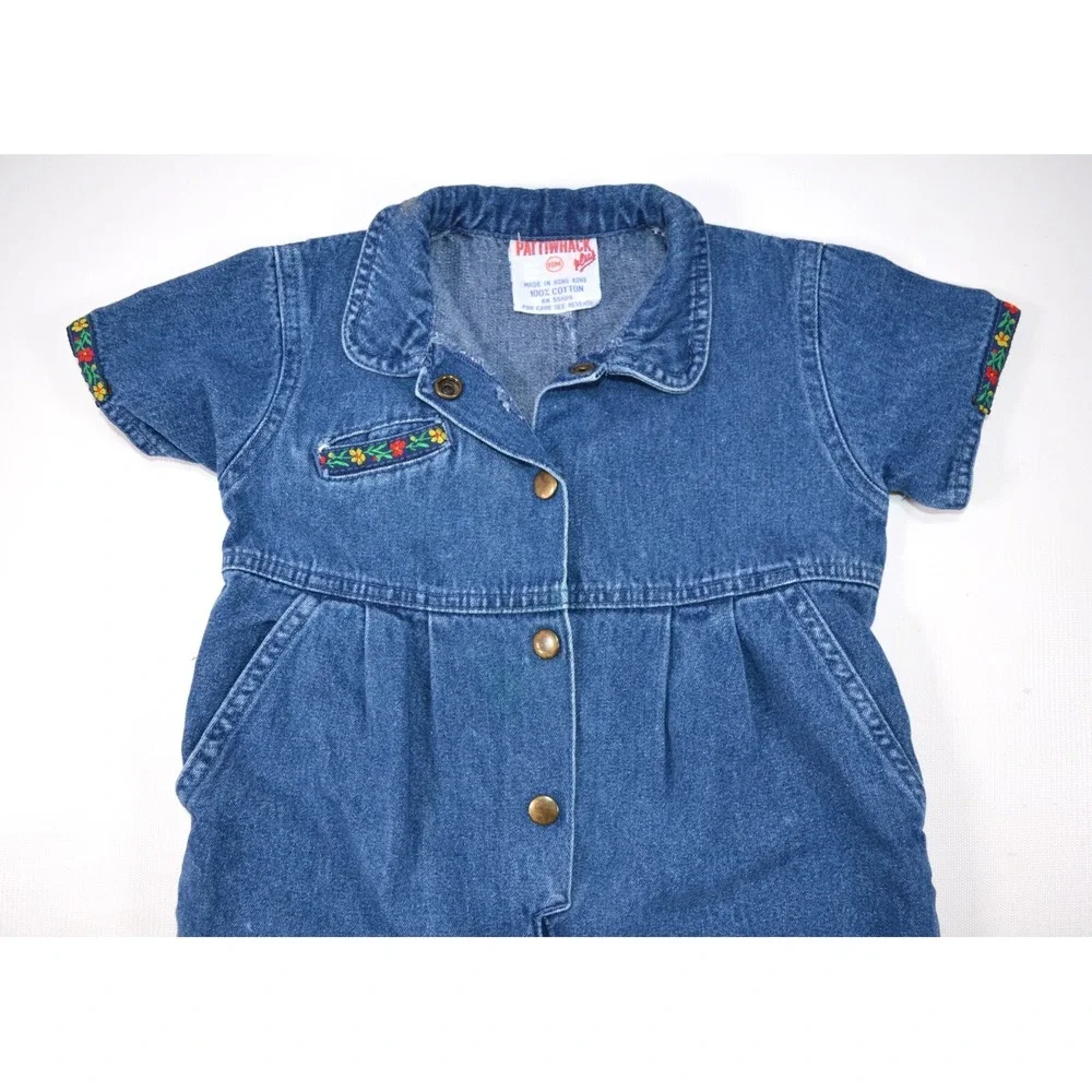 Vintage Pattiwack Blue Jean Denim Coverall Snap Legs Girls‎ Size 18M Flower Trim